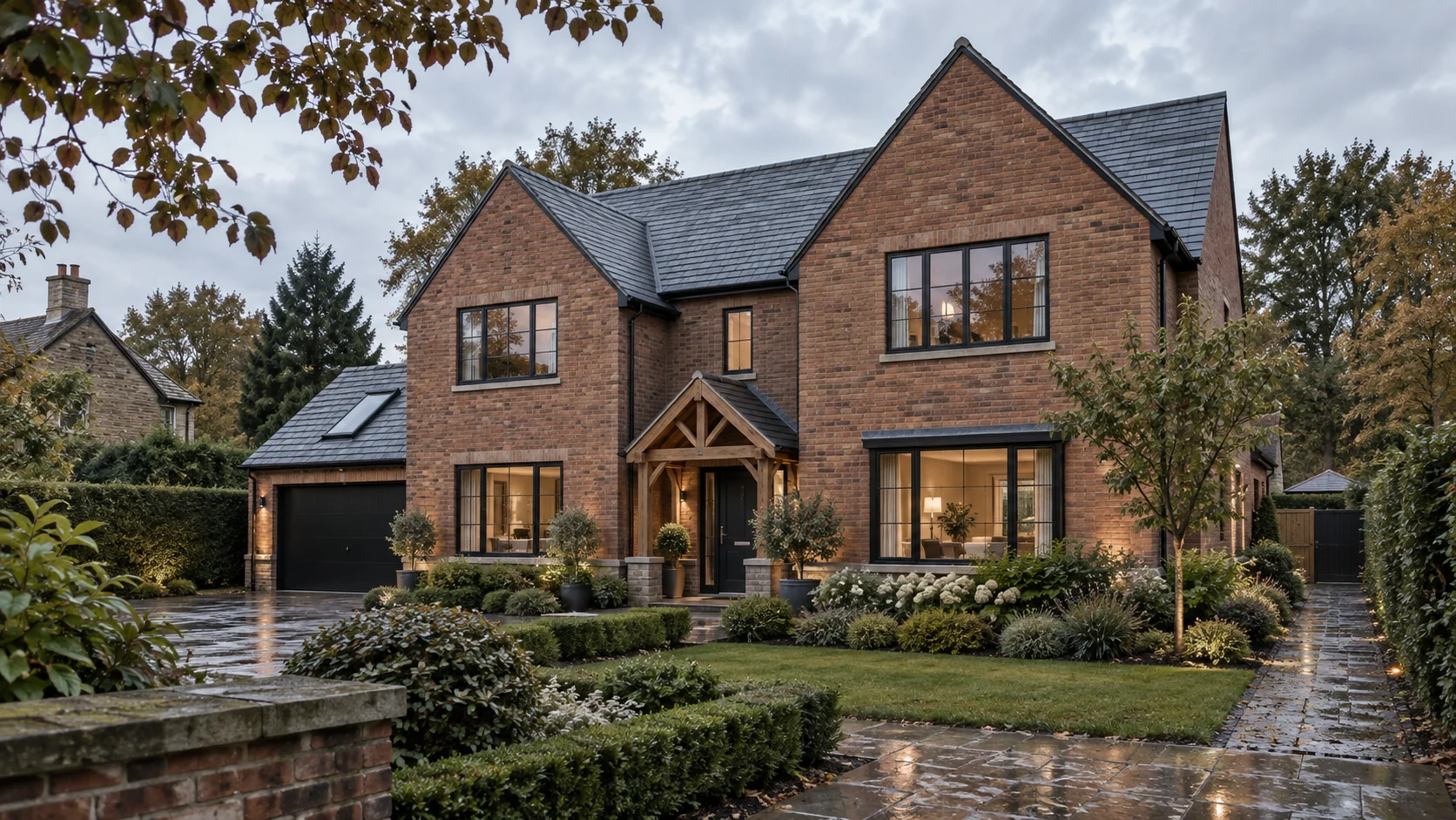 Premium UK residential visualisation for a contemporary Harrogate family home, presenting warm red brick, dark slate roofs, oak detailing and established English garden planting. Photorealistic architectural 3D render of a contemporary red-brick family home at 18 Beechwood Lane, Harrogate, with slate roofs, oak entrance canopy and landscaped front garden