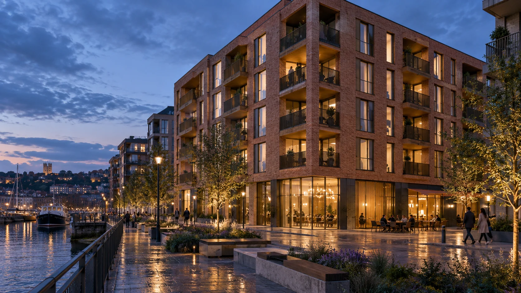 UK property marketing CGI for a Bristol waterside apartment scheme, showing warm terracotta brickwork, deep balconies, active ground-floor frontage and a rain-washed landscaped promenade. Photorealistic evening architectural 3D render of a warm brick riverside apartment development at 42 Kings Quay, Bristol, with inset balconies and landscaped public promenade