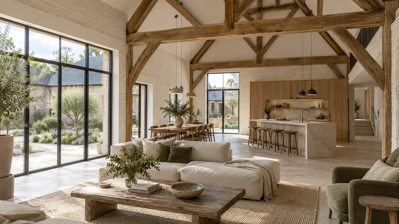 High-end residential interior visualisation for a Cambridge barn conversion, combining restored oak structure and limewashed masonry with calm contemporary living, dining and kitchen spaces. Photorealistic interior 3D render of an open-plan barn conversion at 7 Church Farm Court, Cambridge, with exposed oak trusses, limewashed brick, limestone flooring and contemporary kitchen