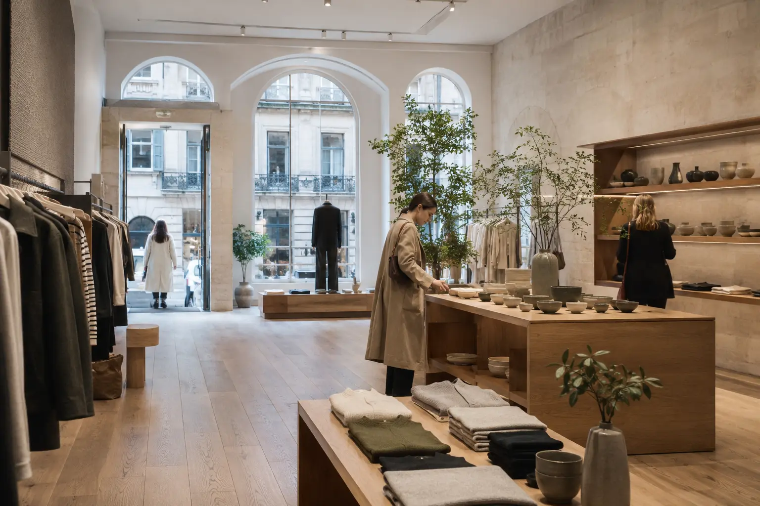 High-end UK retail visualisation presenting a curated customer journey within a sensitively restored Georgian shop interior. Premium Bath retail showroom 3D render with Georgian windows, limestone, oak displays, fashion and homewares