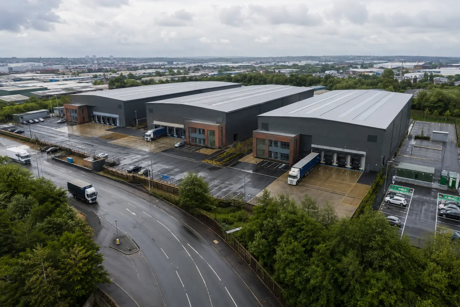 Aerial 3D visualisation of a modern Birmingham logistics and warehouse estate