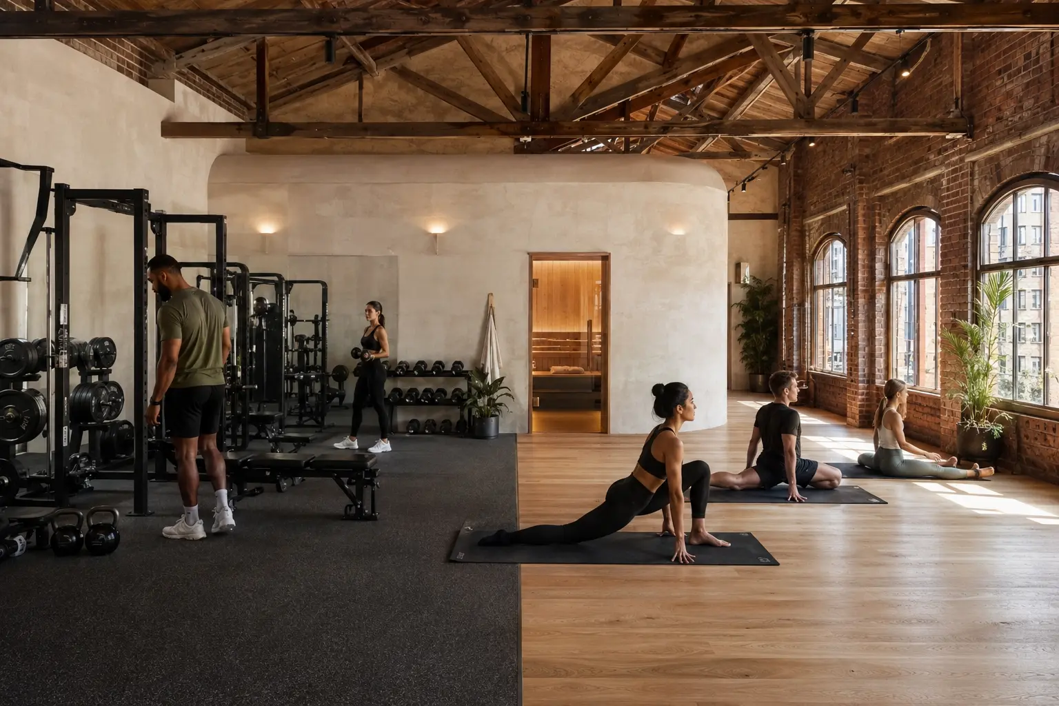 Hospitality-quality wellness CGI showing strength training, yoga, sauna and daylight within a characterful adaptive-reuse interior. Photorealistic Bristol fitness and wellness studio render in an adapted brick building with gym, yoga and sauna zones