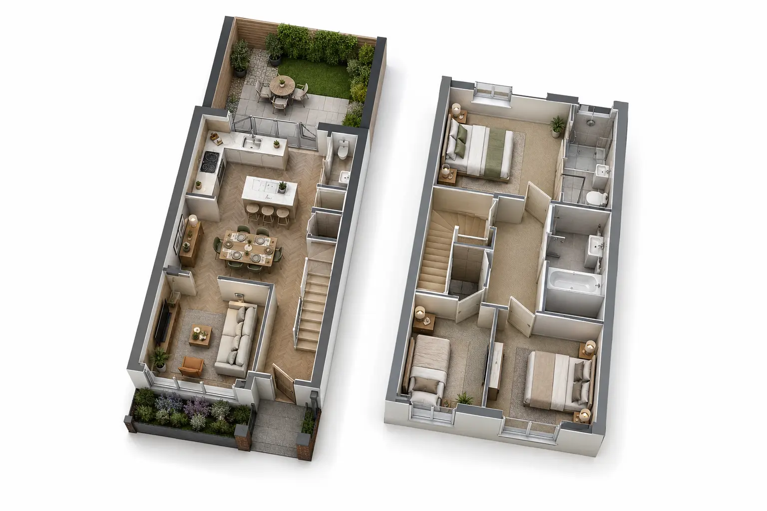 Furnished 3D marketing floor plan for a two-storey British townhouse