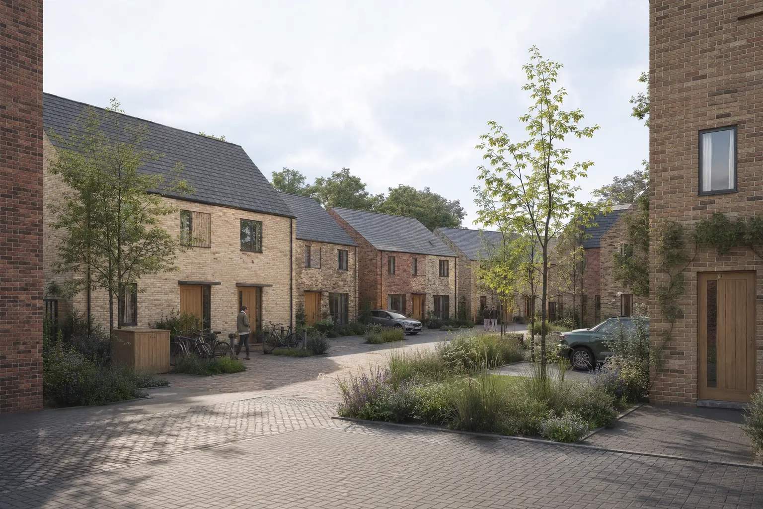Residential development visualisation of a compact shared lane designed around British brick, active travel and landscape-led public realm. Photorealistic Cambridge mews streetscape render with brick homes, slate roofs, cycle storage and rain-garden planting