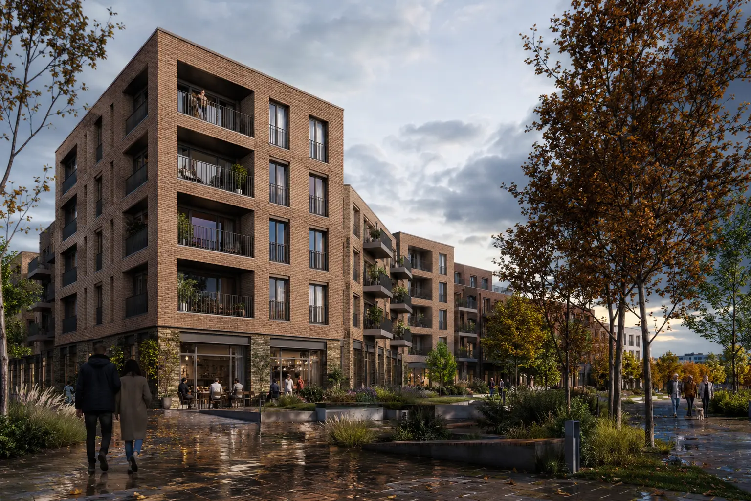Property marketing CGI for a contemporary Welsh apartment development, showing homes, active frontage and rain-washed landscape. Photorealistic Cardiff Bay apartment development render with warm brick, balconies, café frontage and landscaped public realm