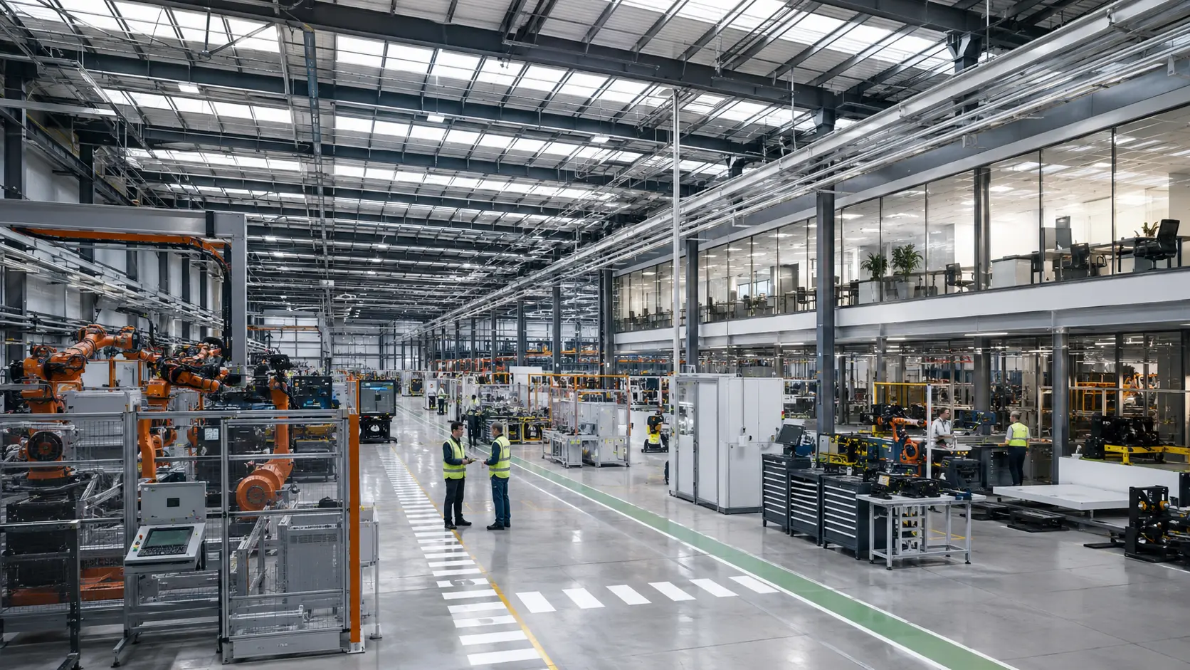 Detailed industrial visualisation showing production equipment, safe circulation, workplace oversight and daylight within a modern UK facility. Photorealistic advanced-manufacturing facility interior render in Coventry with robotics, assembly cells and office mezzanine