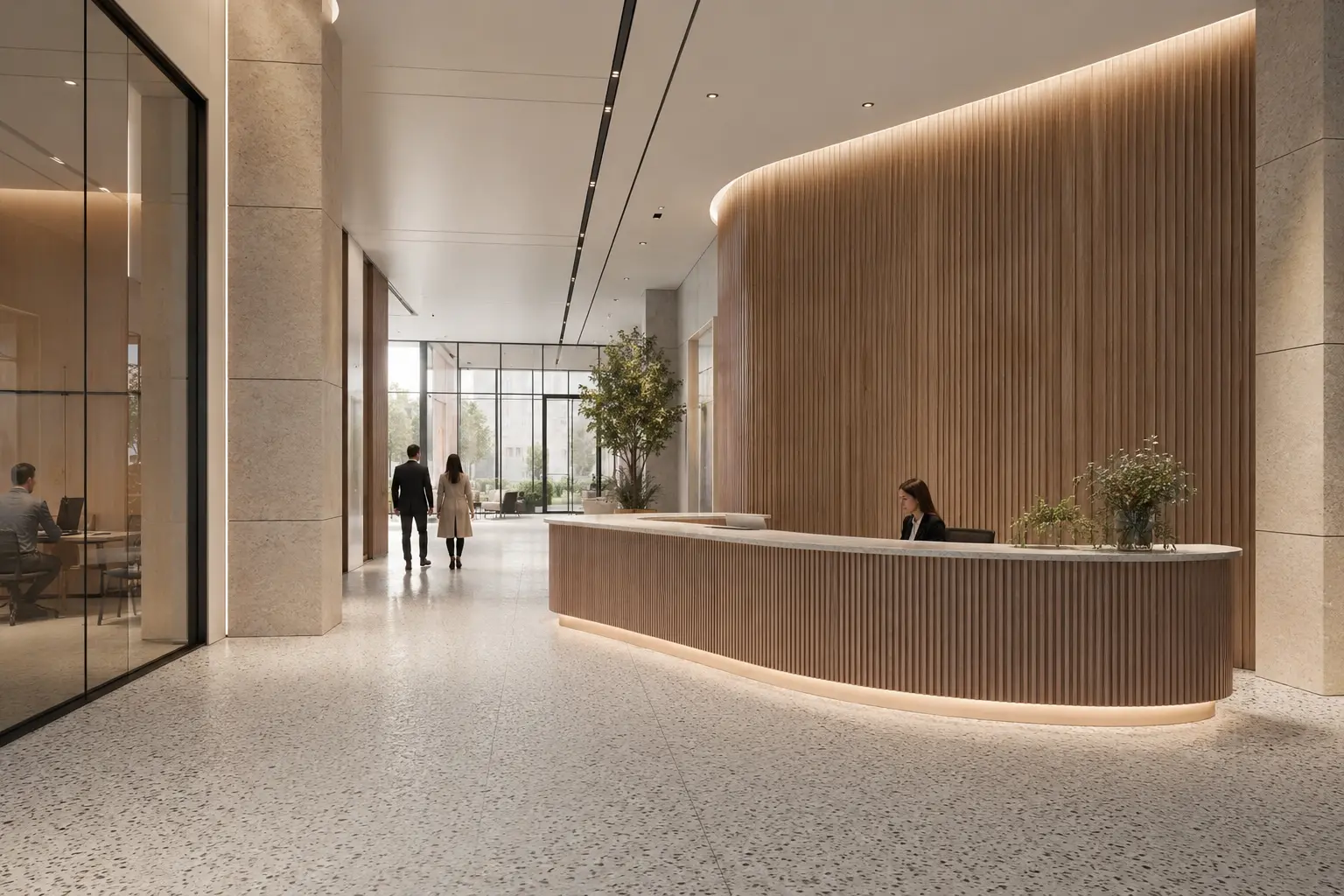 Commercial reception visualisation communicating arrival, circulation, workplace identity and a precise material palette. Contemporary Leeds office reception 3D render with Yorkshire stone, fluted timber desk, terrazzo and glazed meeting rooms