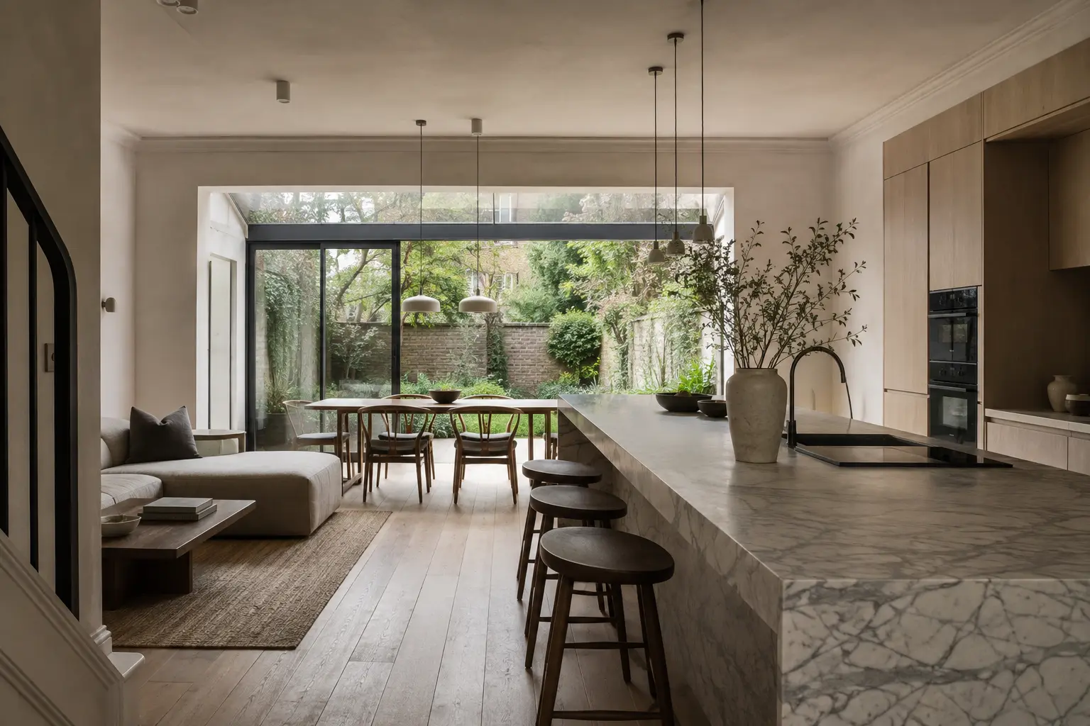Photorealistic London townhouse living, dining and kitchen interior render