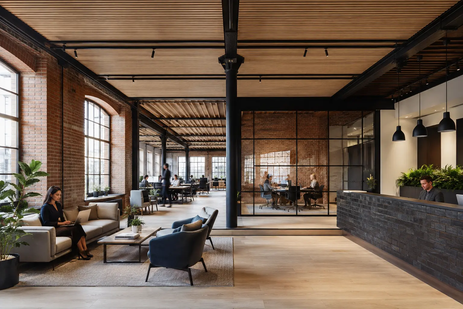 Commercial workplace visualisation for a London warehouse conversion, communicating reception, collaboration and focused work zones. Photorealistic London warehouse office fit-out render with heritage brick, steel columns, timber acoustic ceiling and glazed meeting rooms