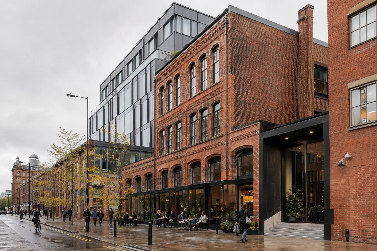 Commercial architectural visualisation integrating restored red-brick industrial fabric with a restrained contemporary mixed-use extension in central Manchester. Photorealistic commercial 3D render of a restored Manchester red-brick warehouse with a modern glass and metal extension