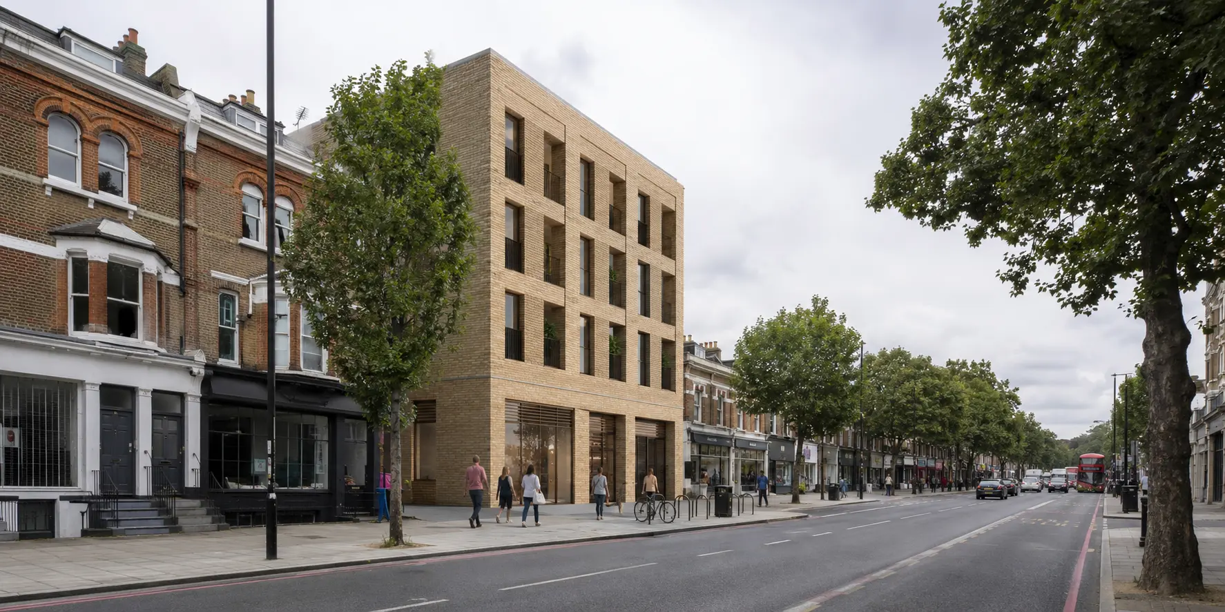 Site-accurate UK planning photomontage showing a contemporary apartment proposal integrated into an established South London high-street context. Architectural planning photomontage of a proposed buff-brick apartment building integrated into a South London high street