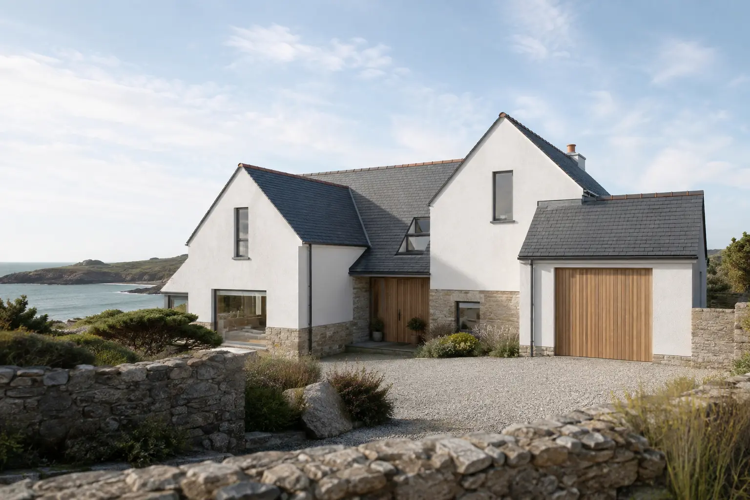 UK coastal residential CGI combining Cornish materials, restrained contemporary architecture and windswept native landscape. Photorealistic coastal home facade render in St Ives with white lime render, local granite, slate roofs and oak entry