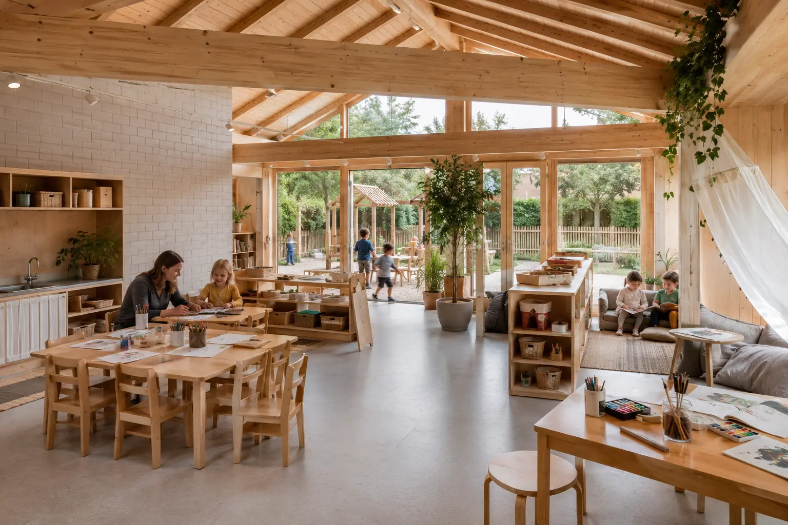 Education CGI presenting flexible learning, reading, making and play spaces in a calm daylight-filled environment. Warm early-years learning interior 3D render in York with timber structure, child-scale furniture and secure play garden